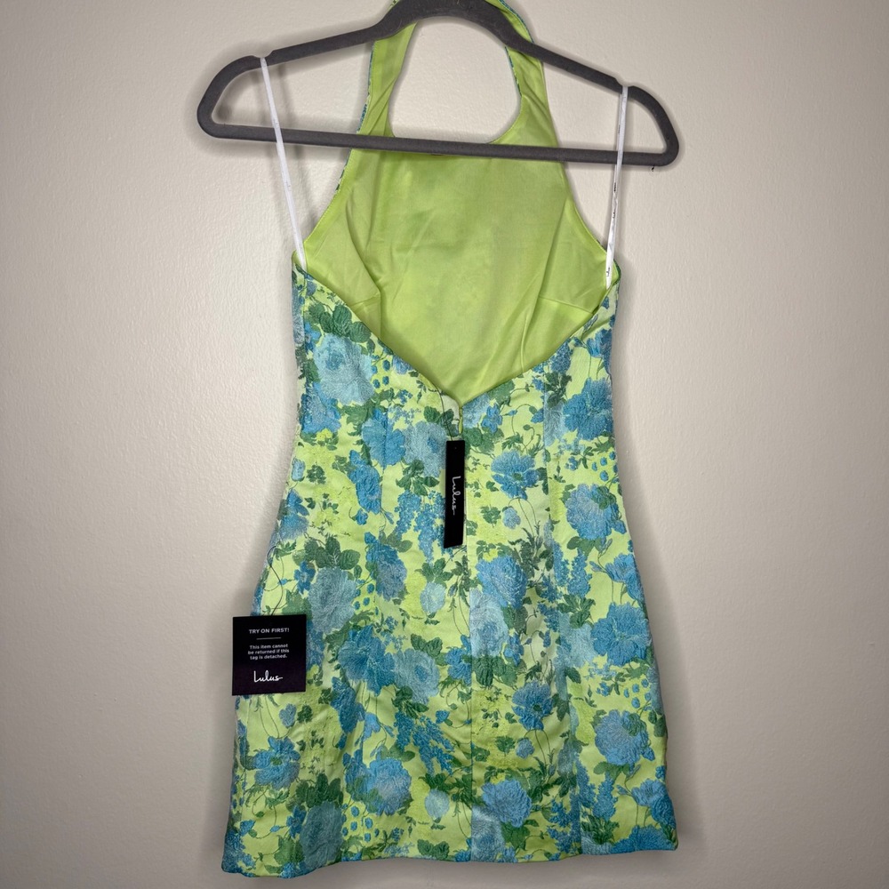 Lulus Lime Green Blue Floral Halter Mini Dress XS Backless - Picture 4 of 8